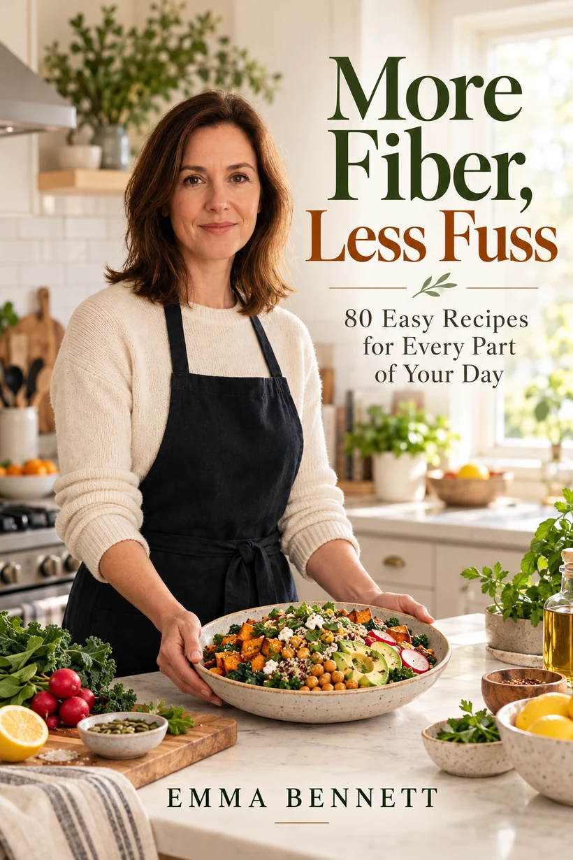 More Fiber, Less Fuss cookbook cover featuring Emma Bennett