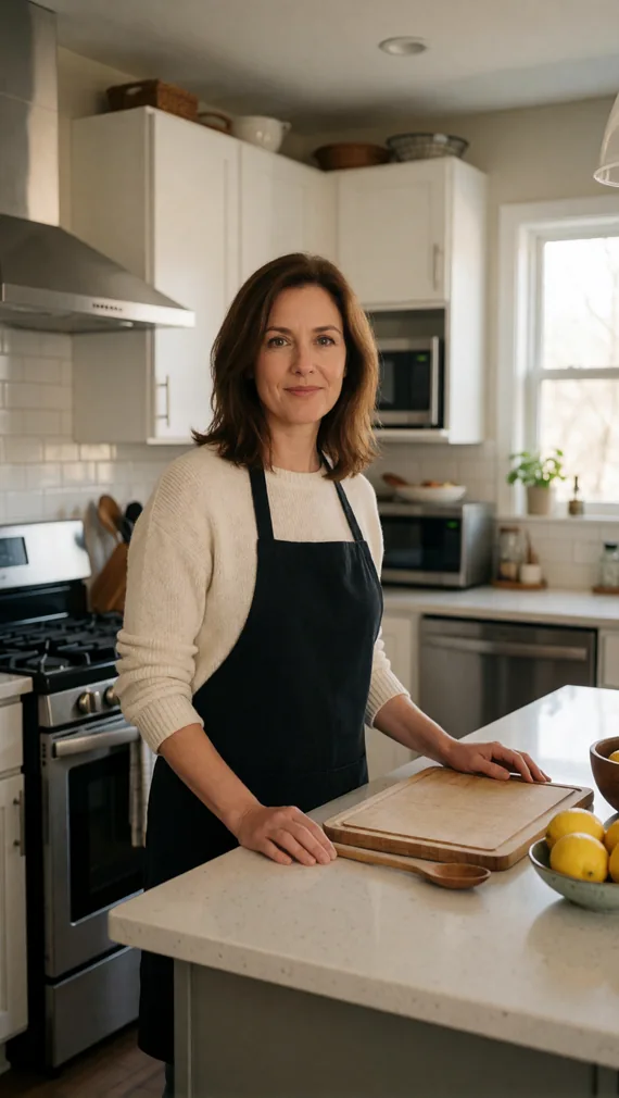 Emma Bennett's virtual cooking host character in a warm home kitchen